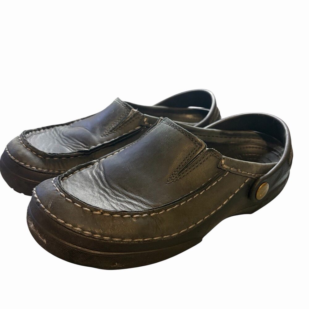 Crocs Mens Mesa Clogs Size 7 Women's Size 9 Dk Gray-Blue Leather Strap Slip-On
